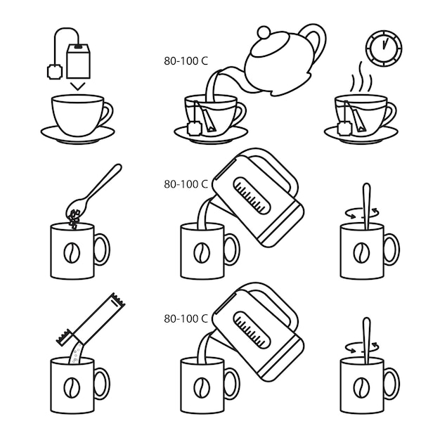 벡터 차와 커피 만들기 명령 아이콘 세트