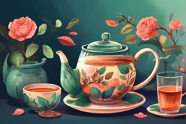 tea background with teacups and flowers