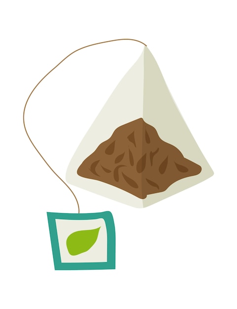 Vector tea bag brown tea leaves green label loose leaf pyramid bag brewing beverage preparation time