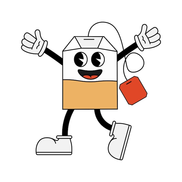 Tea bag character in 70s cartoon style