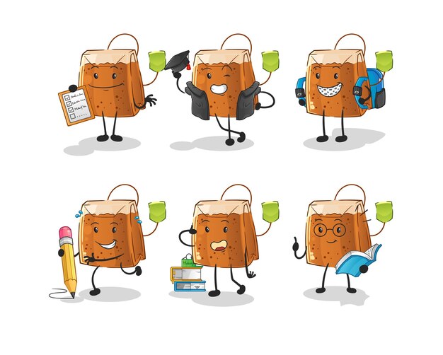 Tea bag education set character cartoon mascot vector