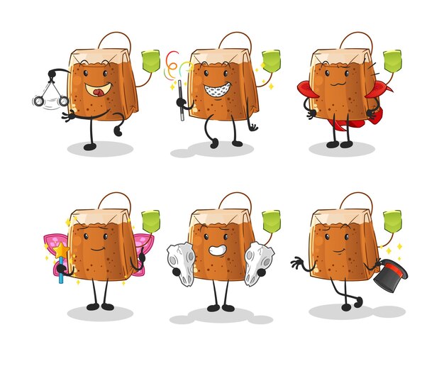 Tea bag magic group character cartoon mascot vector