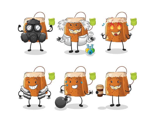 Tea bag villain group character cartoon mascot vector