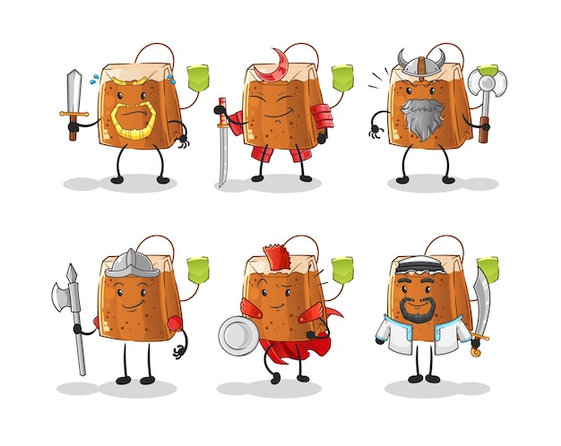 Tea bag warrior group character cartoon mascot vector