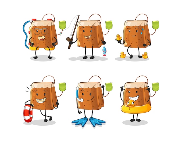 Tea bag water activity group cartoon mascot vector