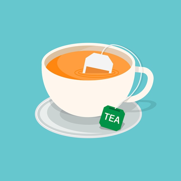 Tea bag in white cup icon illustration in flat style Drink vector illustration on isolated background Fresh beverage sign business concept