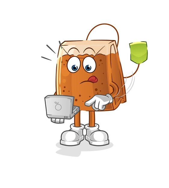 tea bag with laptop mascot. cartoon vector