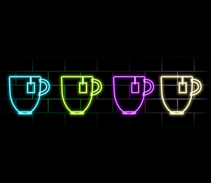 Vector tea cafe cup icon neon light glowing vector illustration with alphabet neon red bright