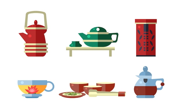 Tea ceremony accessories set teapot tea cups vector illustration isolated on a white background