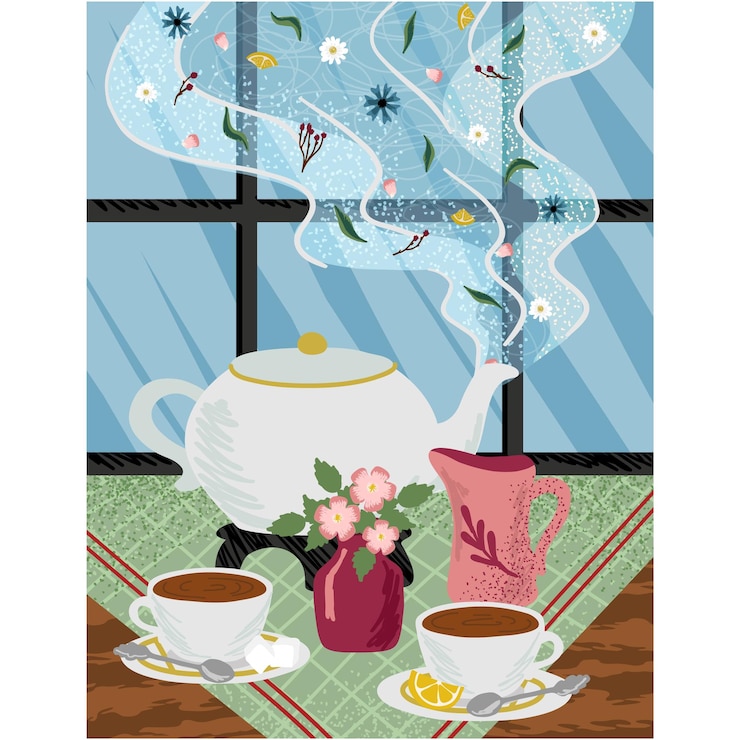 Vector tea ceremony served table vector cartoon poster