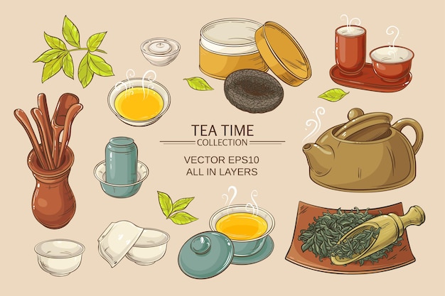 Vector tea ceremony vector set on color background