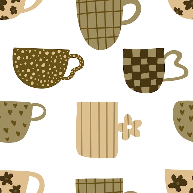 Vector tea coffee vintage cups pattern modern mug decorated with design elements