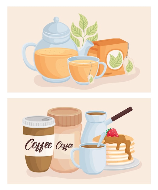 Vector tea and coffee with desserts