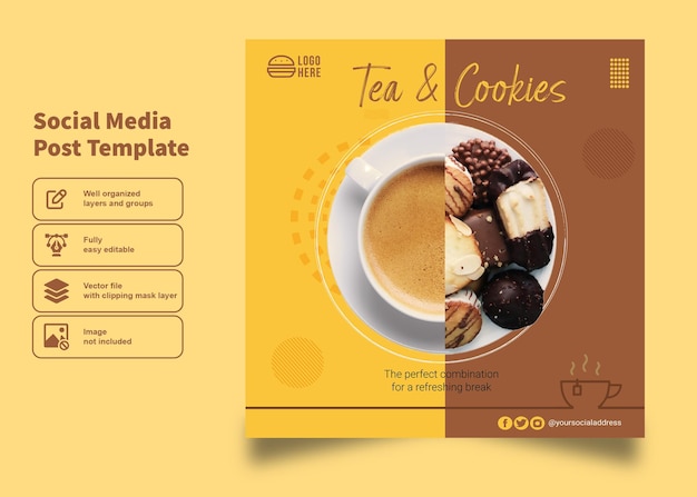 Tea cup and cookies flyer and poster design for social media post template