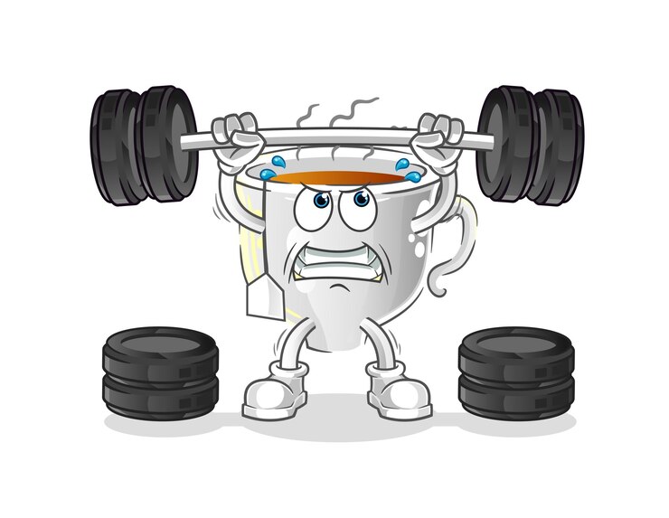 Vector tea cup lifting the barbell character cartoon mascot vector