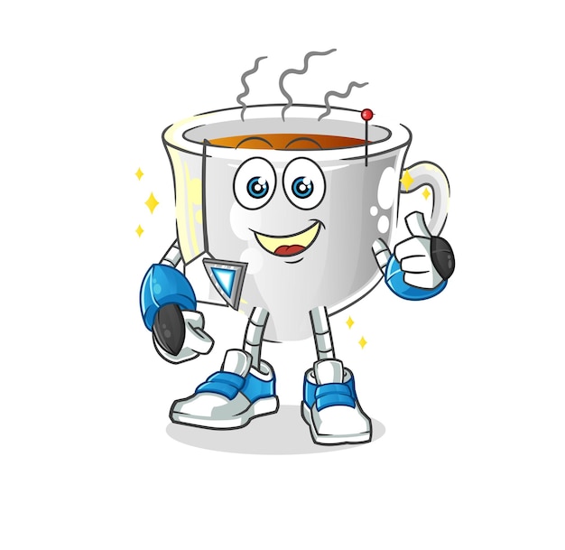 Tea cup robot character. cartoon mascot vector