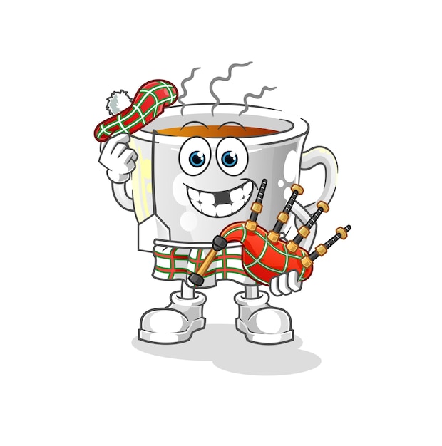 Чайная чашка шотландская с вектором волынки. мультипликационный персонаж
