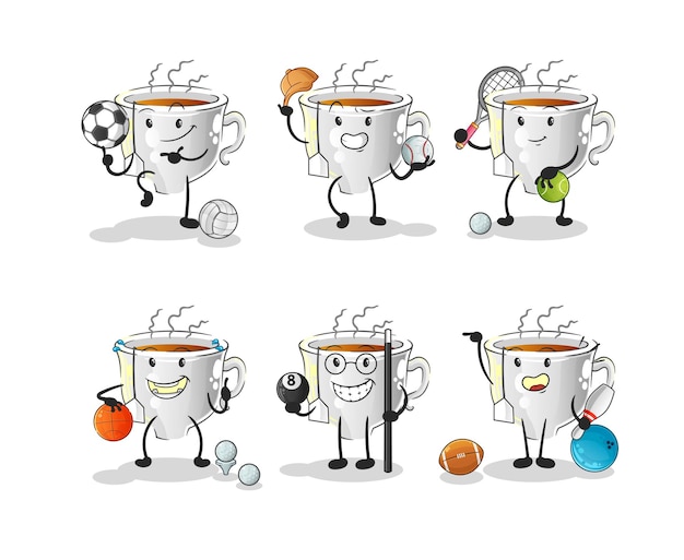 Tea cup sport set character. cartoon mascot vector