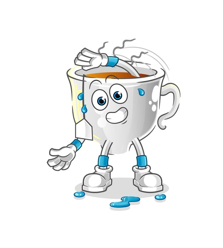 वेक्टर tea cup stretching character. cartoon mascot vector