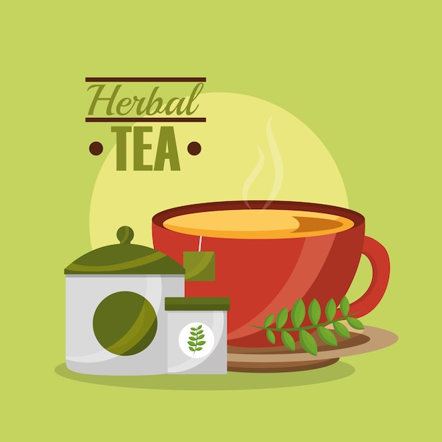 Tea cup sugar teabag and herbal flavor tea time