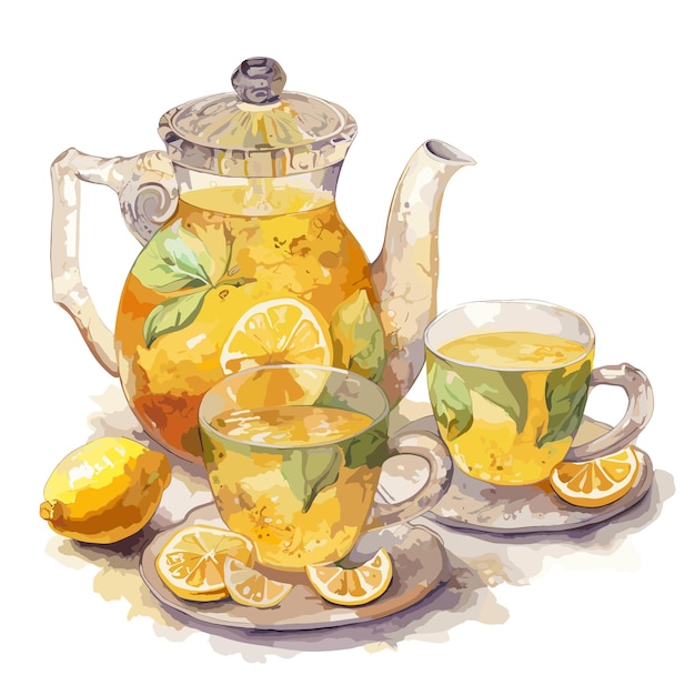Vettore tazza da tè acquerello disegnato a mano illustrazione limone e tè stile vintage
