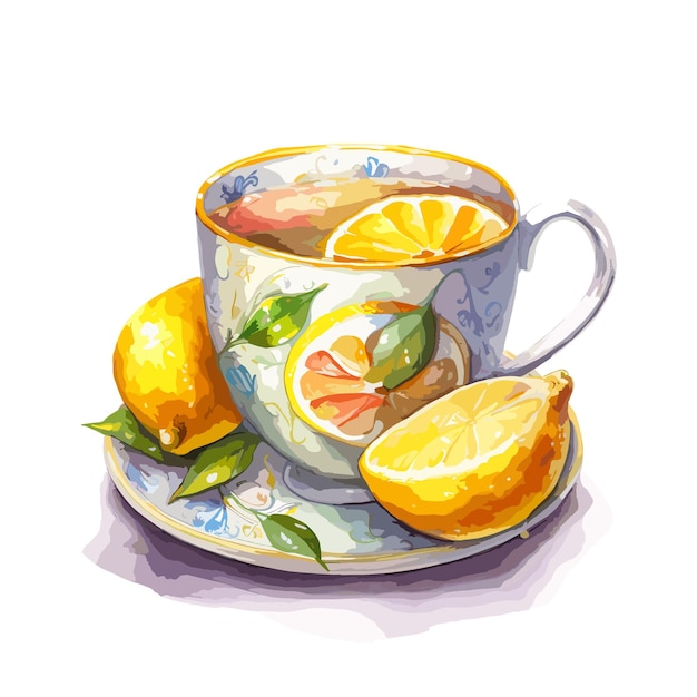 Vettore tazza da tè acquerello disegnato a mano illustrazione limone e tè