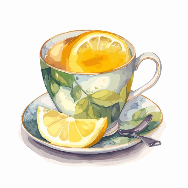 Vettore tazza di tè acquerello disegnato a mano illustrazione tè al limone