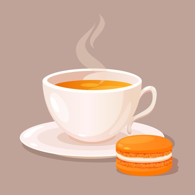 Vector tea cup with french macaron dessert