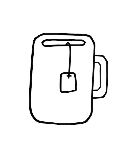 Tea cup with handle and tea bag utensils doodle linear cartoon coloring