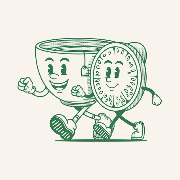 Tea cup with lemon character retro cartoon mascot character