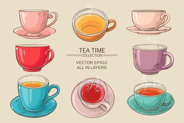 Tea cups vector set on color background