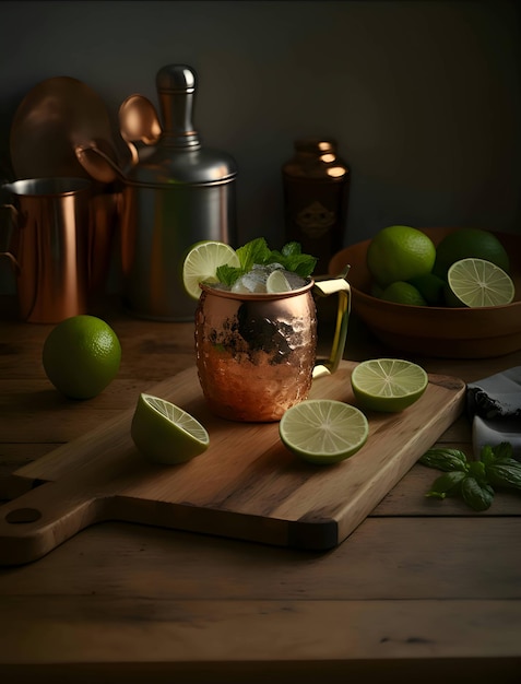 Tea in golden cup and lemons on a cutting kitchen wooden board