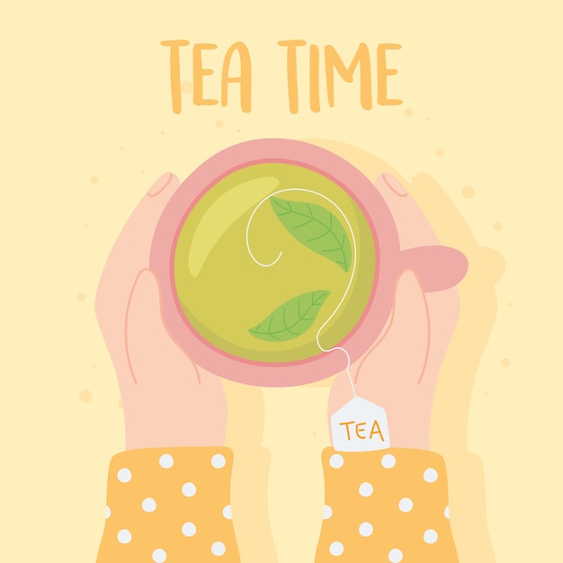 Tea, hands holding teacup fresh herbal illustration