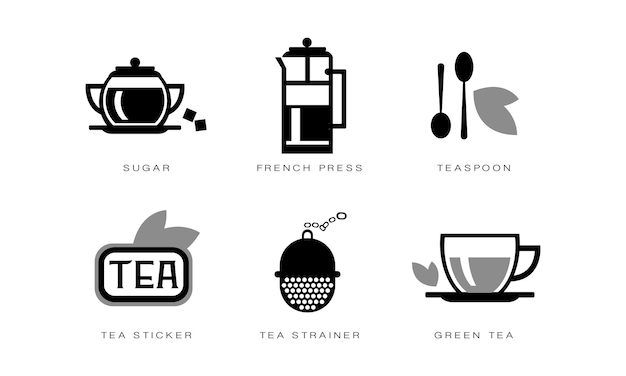 Чайные иконки устанавливают сахарную французскую прессу, чайную ложку, сито, чайную наклейку, векторную иллюстрацию на белом