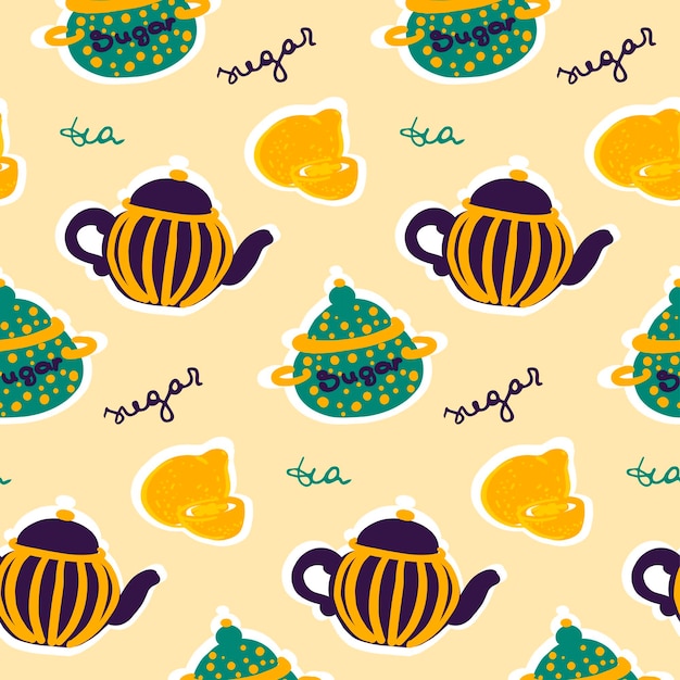 Векторный рисунок чайных изделий Плоский фиолетовый желтый синий сахарная банка чайник лимон английское время чая