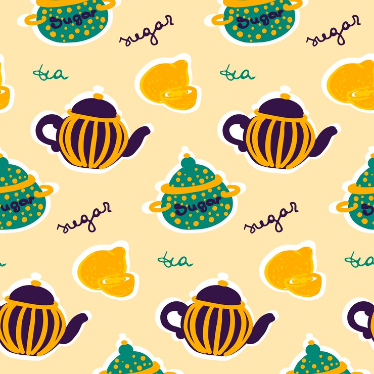 वेक्टर tea items vector pattern flat purple yellow blue sugar jar teapot lemon english tea time