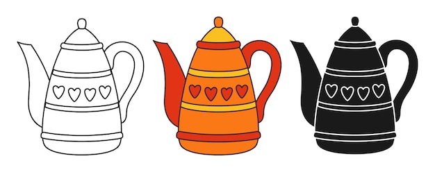 Tea kettle icon line doodle cartoon style stamp simple contour drink sign retro rustic kitchenware