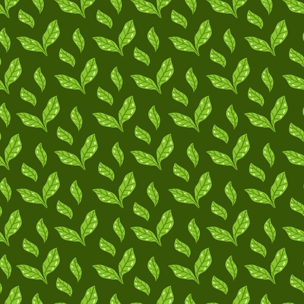 Tea leaves pattern. seamless floral and herbal pattern on dark green background. hand drawn leaf background. vector illustration. vector bright print for fabric or packaging.