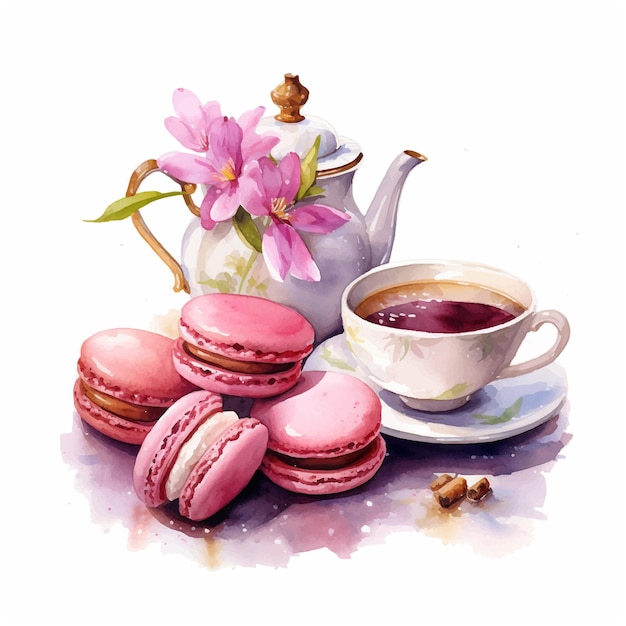 Tea and macarons watercolor paint ilustration