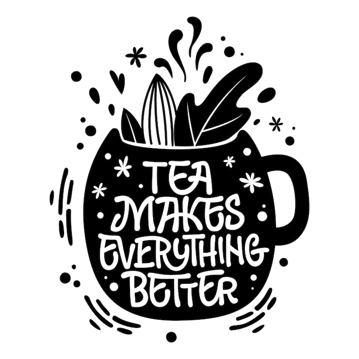 Vector tea makes everything better - cute hand drawn tea themed lettering phrase. fun vector illustration words in a mug silhouette.