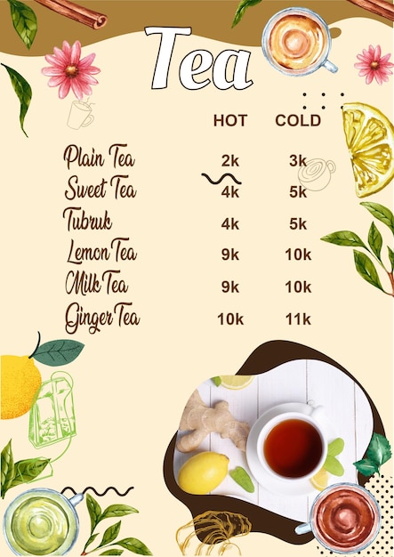 tea menu coffee shop