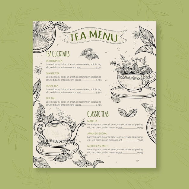 Tea menu template with different flavors