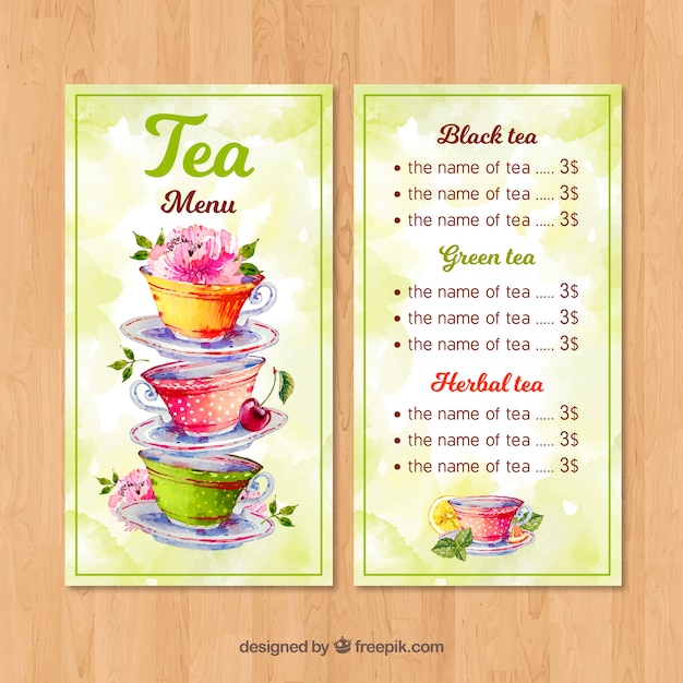 Vector tea menu template with watercolor style