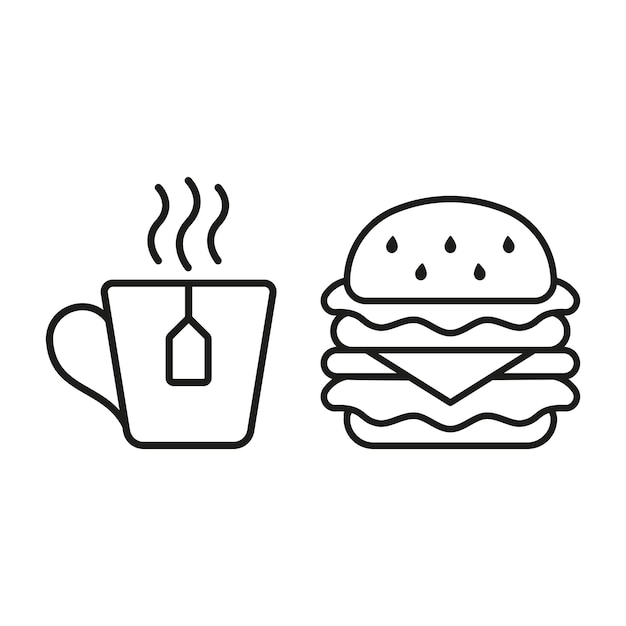 Tea mug drink and hamburger food icon illustrated in a playful cartoon style bursting