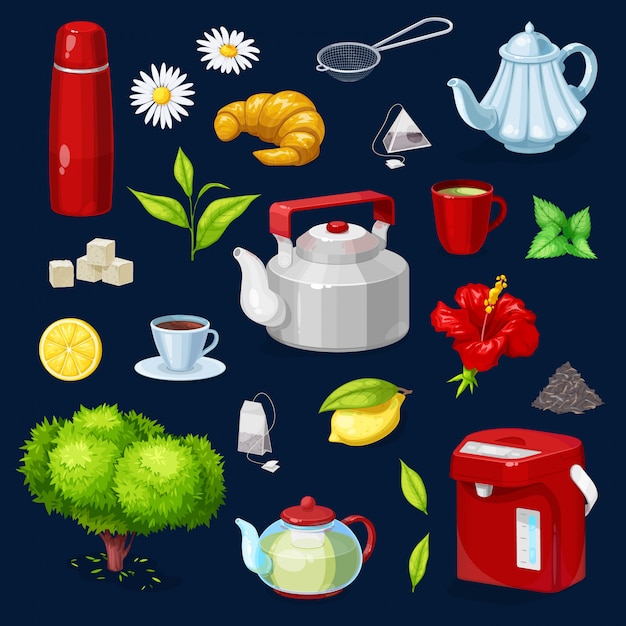 Icone isolate oggetti del tè messe. teiera, tazza