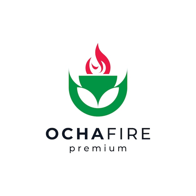 Vector tea or ocha logo design with leaf and fire