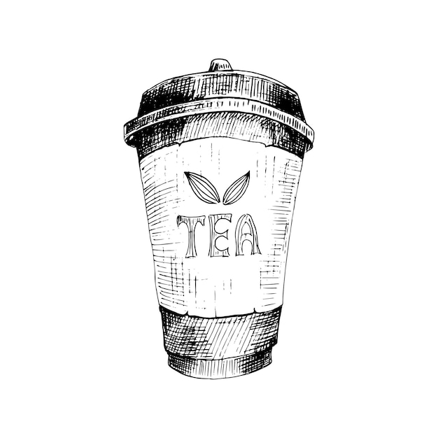 Tazza di carta da tè. schizzo disegnato a mano. tazza monouso per andare con coperchio illustrazione vettoriale, isolata su un bianco