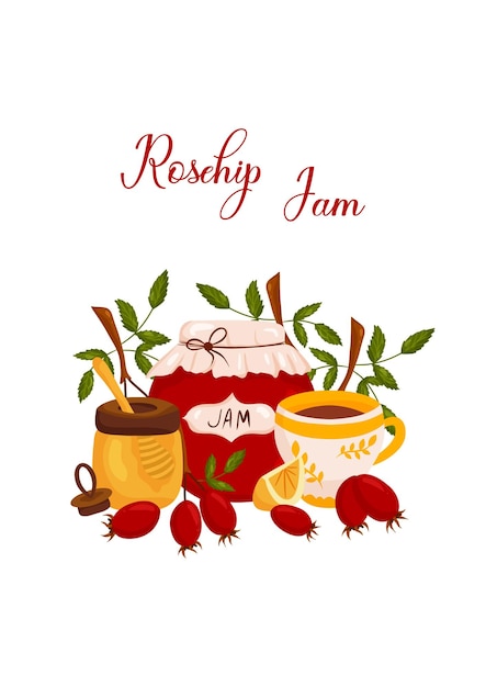 Tea party ansichtkaart met rozenbottel jampot thee honing en citroen