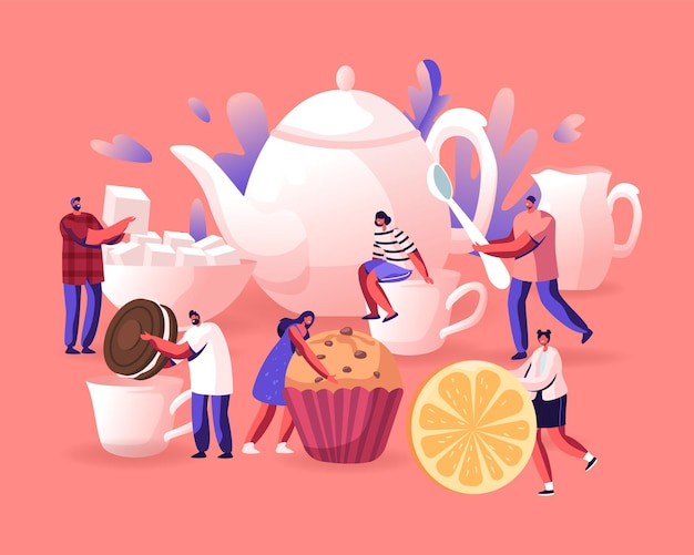 Tea Party, Hot Beverage for Cold Season Concept. Cartoon Flat  Illustration