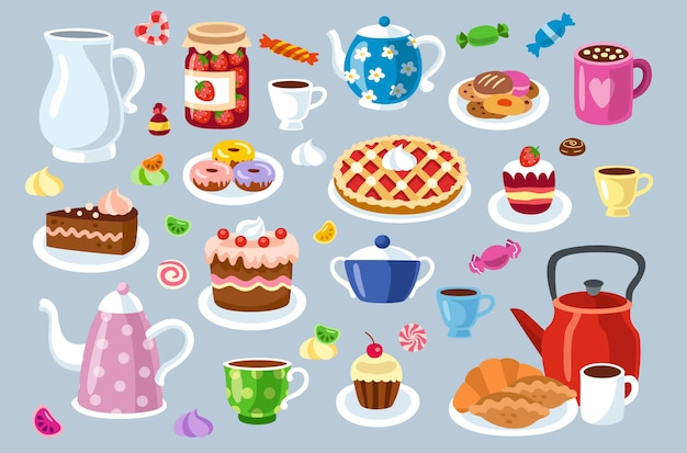 Tea party icons set stickers with mugs cups teapots and sweet desserts for tea ceremony or breakfast